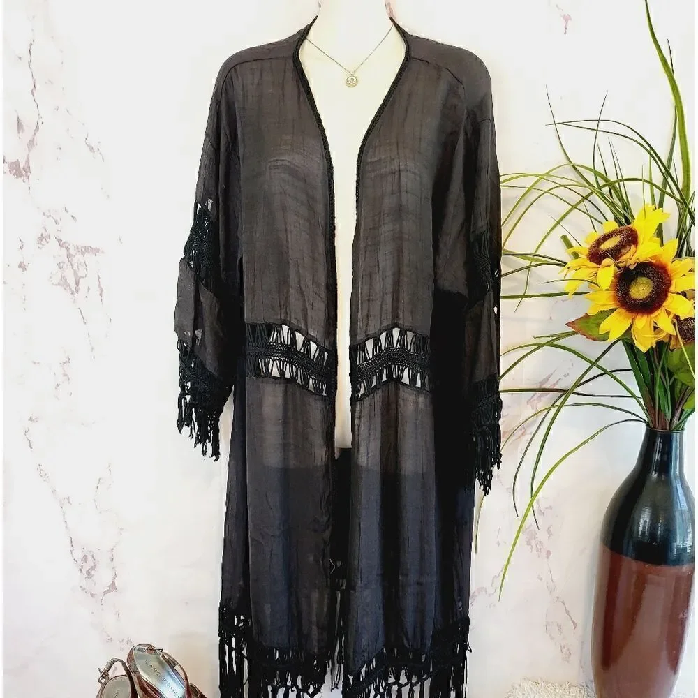 New gauzy swimsuit cover up with crochet and fringe details